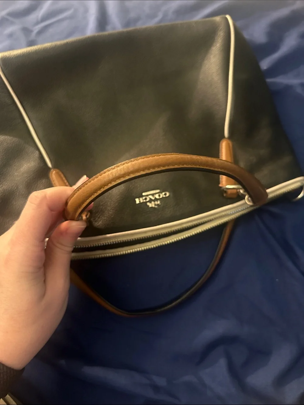 Coach Black Leather Hand Bag with Tan Handles and White Trim